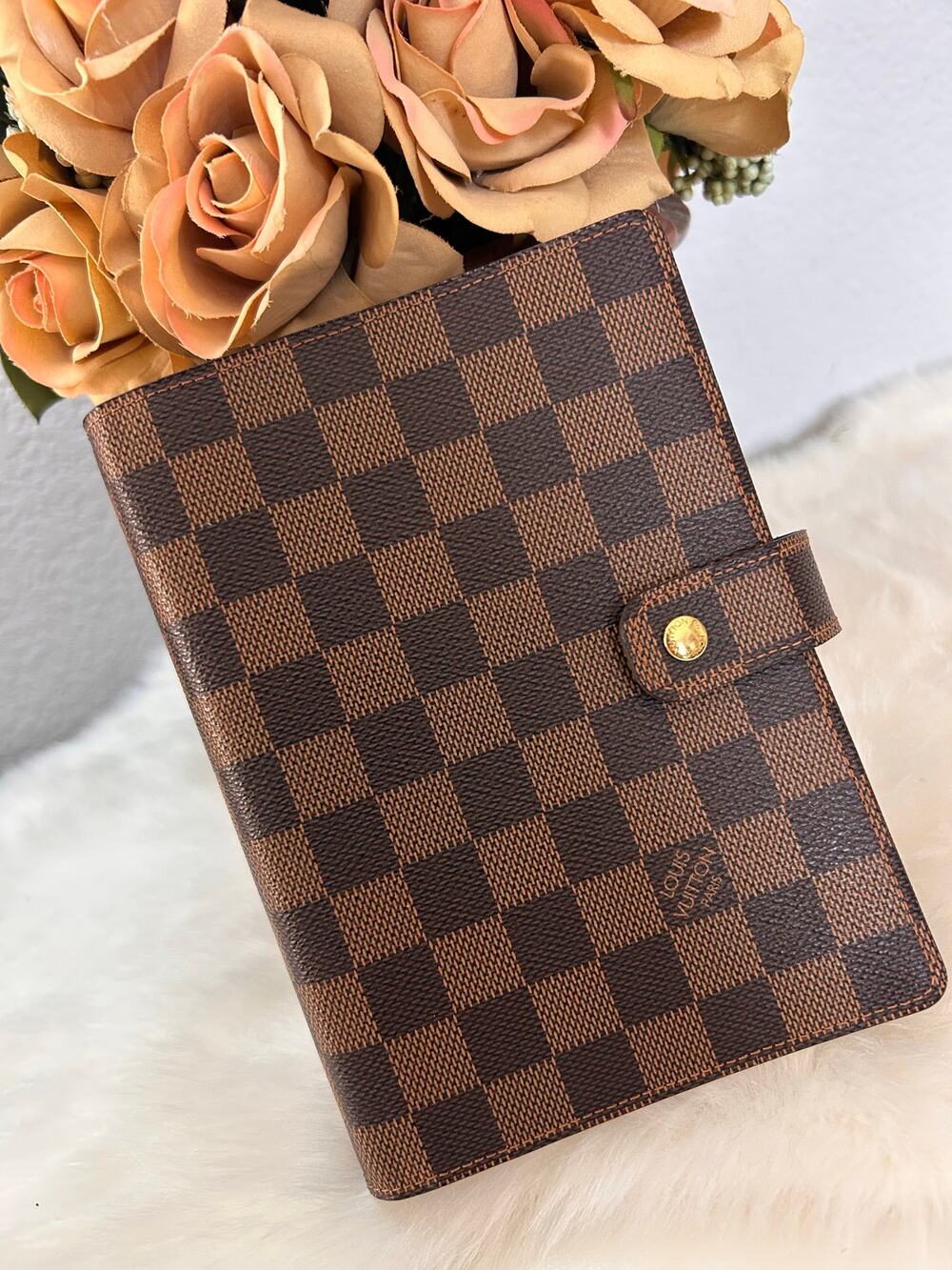 Louis Vuitton Damier Ebene MM Agenda Brown Ring Binder Planner Cover RI0184